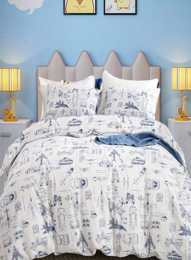 CLOTHKNOW طقم غطاء لحاف كوين للأطفال من كلوث نو، أبيض وأزرق، بتصميم سيارات، طقم مفروشات، غطاء لحاف كوين، غطاء لحاف برسومات كرتونية، طقم غطاء لحاف - Image 1