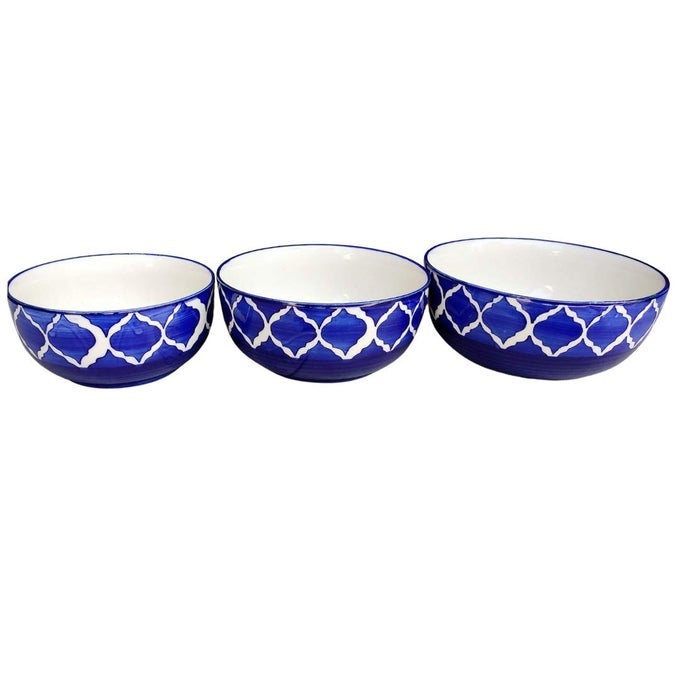 SERVING BOWL SET MICROWAVE SAFE BOWL OVEN BOWL SET MICROWAVE MIXING BOWLS FOR KITCHEN MICROWAVE SAFE UTENSILS MIXING BOWL FOR CAKE BATTER HANDMADE GIFTS HAND PAINTED BLUE 1000 750 500 ML