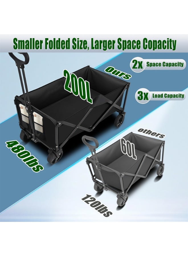 CHIYLE Rolling Cart Foldable Wagon with Extended Tailgate – 150L Large Capacity, 8-Inch Off-Road Wheels, Collapsible Utility Cart for Garden, Camping, Outdoor – Black - Image 2
