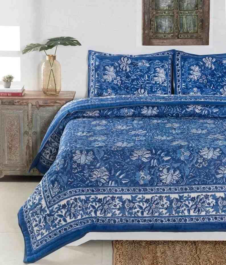 BLOCKSOFJAIPUR BLOCKSOFJAIPUR Original Pure Cotton Jaipuri Razai Hand Block Single Bed Reversible Comforter Lightweight AC Quilt Summer and Winter Bedding Blue Floral King Size 108 X 108 Inches  - Image 2