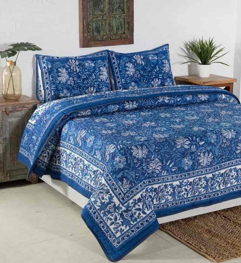 BLOCKSOFJAIPUR BLOCKSOFJAIPUR Original Pure Cotton Jaipuri Razai Hand Block Single Bed Reversible Comforter Lightweight AC Quilt Summer and Winter Bedding Blue Floral King Size 108 X 108 Inches  - Image 1