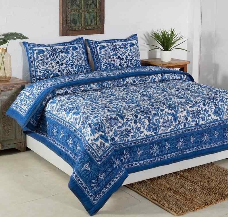 BLOCKSOFJAIPUR BLOCKSOFJAIPUR Original Pure Cotton Jaipuri Razai Hand Block Single Bed Reversible Comforter Lightweight AC Quilt Summer and Winter Bedding Blue Floral King Size 108 X 108 Inches  - Image 3