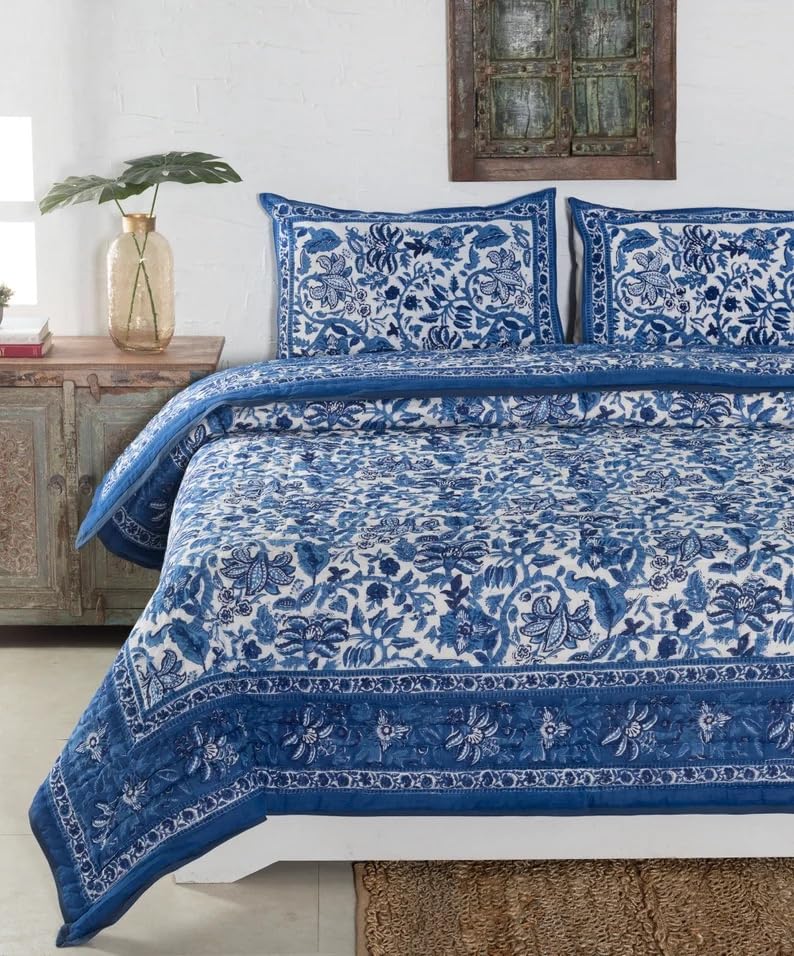 BLOCKSOFJAIPUR BLOCKSOFJAIPUR Original Pure Cotton Jaipuri Razai Hand Block Single Bed Reversible Comforter Lightweight AC Quilt Summer and Winter Bedding Blue Floral King Size 108 X 108 Inches  - Image 4