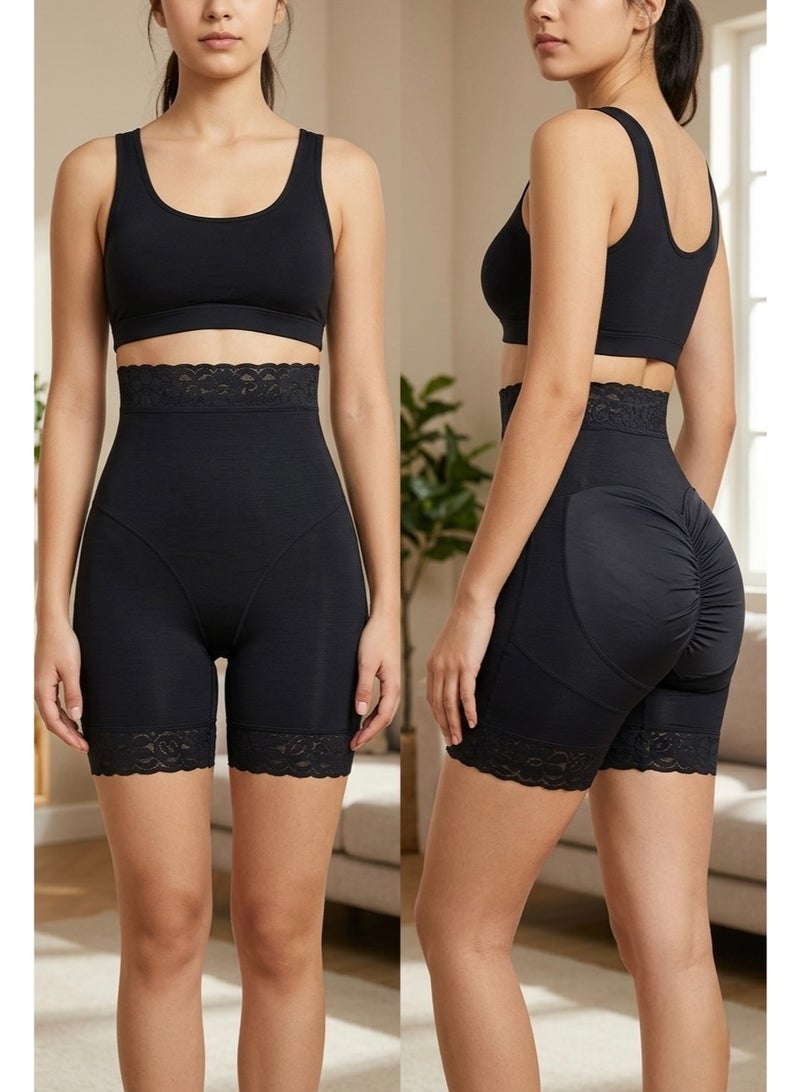 High-Waisted Tummy Control Shapewear Shorts with Lace Trim - Image 1
