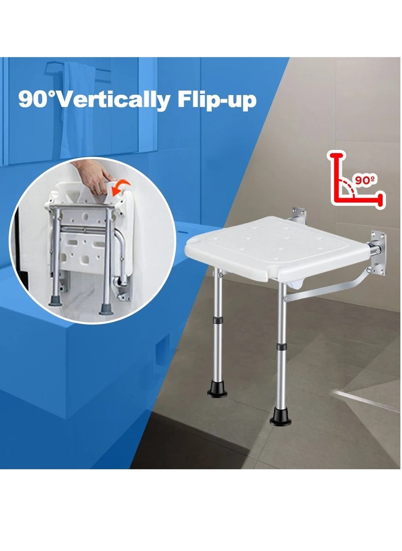 Generic - Folding Shower Bench Flip-up Screw-in Bath Seat Wall Mounted Bathroom Chair Stool with Non-Slip Feet Drainage Holes Shower Head Slot for Elderly Seniors Disabled 400lb Capacity - Image 1
