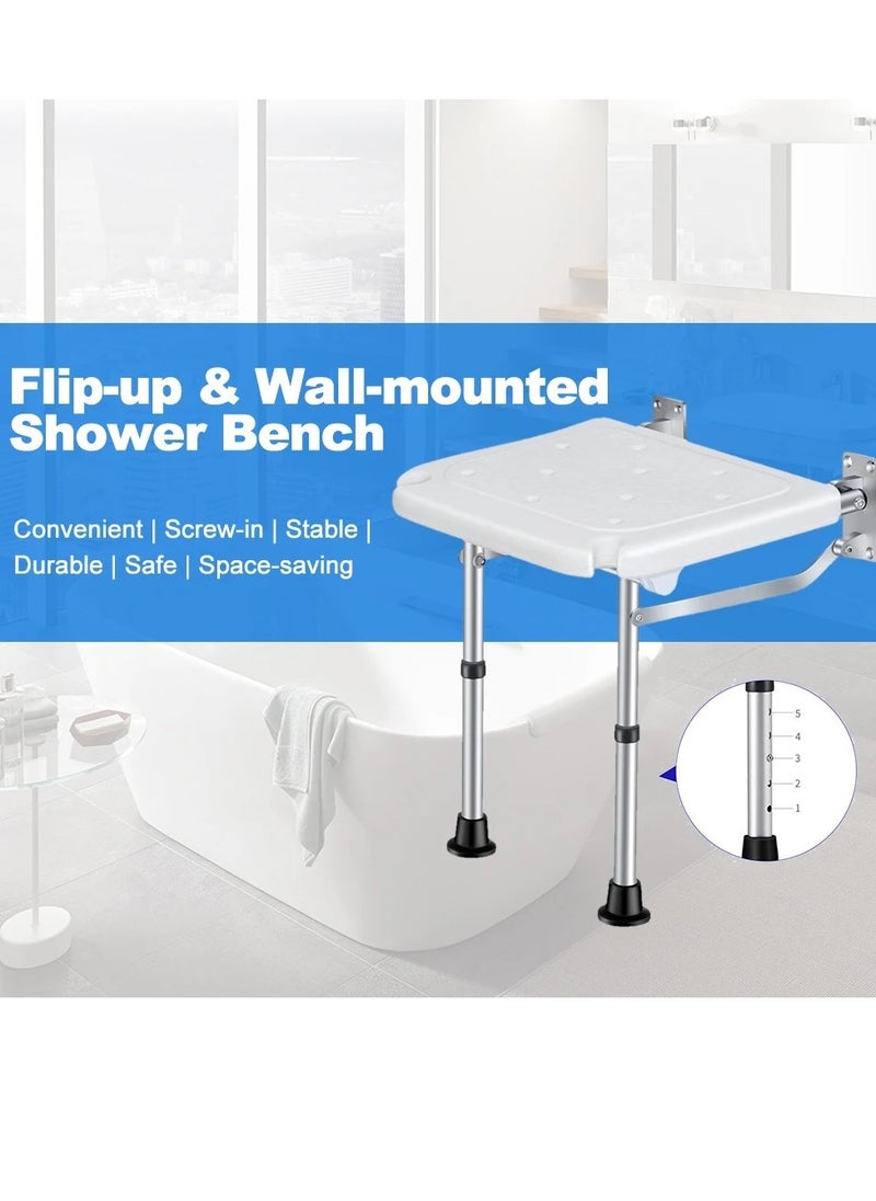 Generic - Folding Shower Bench Flip-up Screw-in Bath Seat Wall Mounted Bathroom Chair Stool with Non-Slip Feet Drainage Holes Shower Head Slot for Elderly Seniors Disabled 400lb Capacity - Image 1