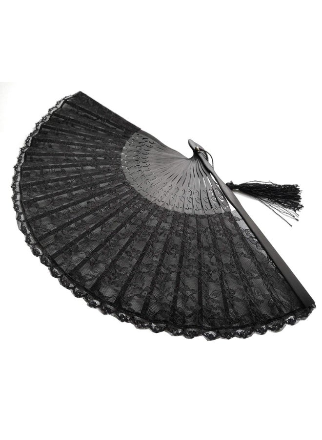 Black Lace Folding Hand Fan with Bamboo Frame, 40cm Wide, 22cm Closed, with Tassel and Protective Sleeve - Image 4