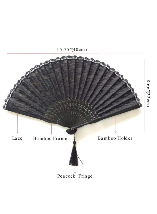 Black Lace Folding Hand Fan with Bamboo Frame, 40cm Wide, 22cm Closed, with Tassel and Protective Sleeve - Image 2
