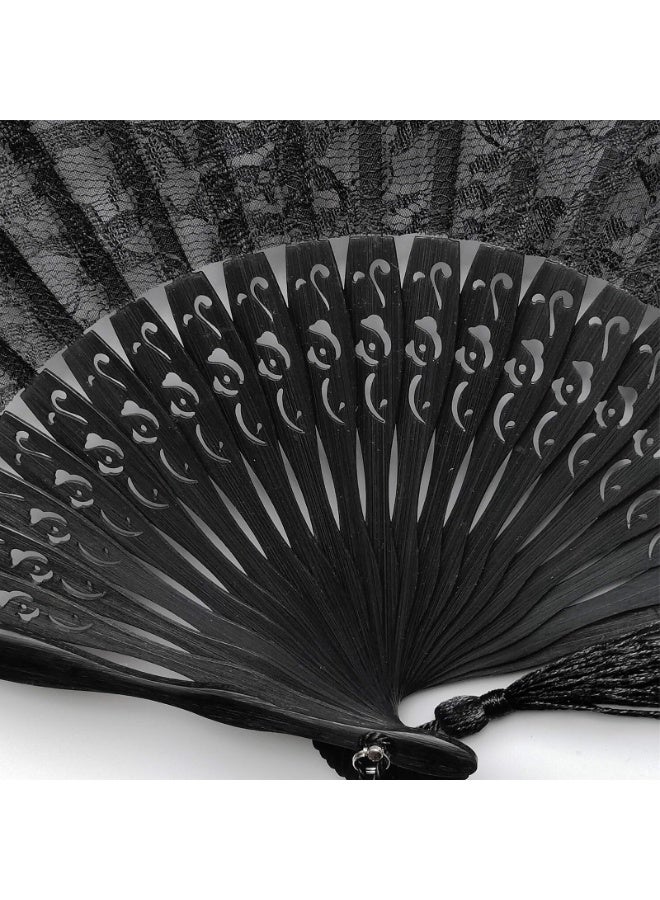 Black Lace Folding Hand Fan with Bamboo Frame, 40cm Wide, 22cm Closed, with Tassel and Protective Sleeve - Image 5