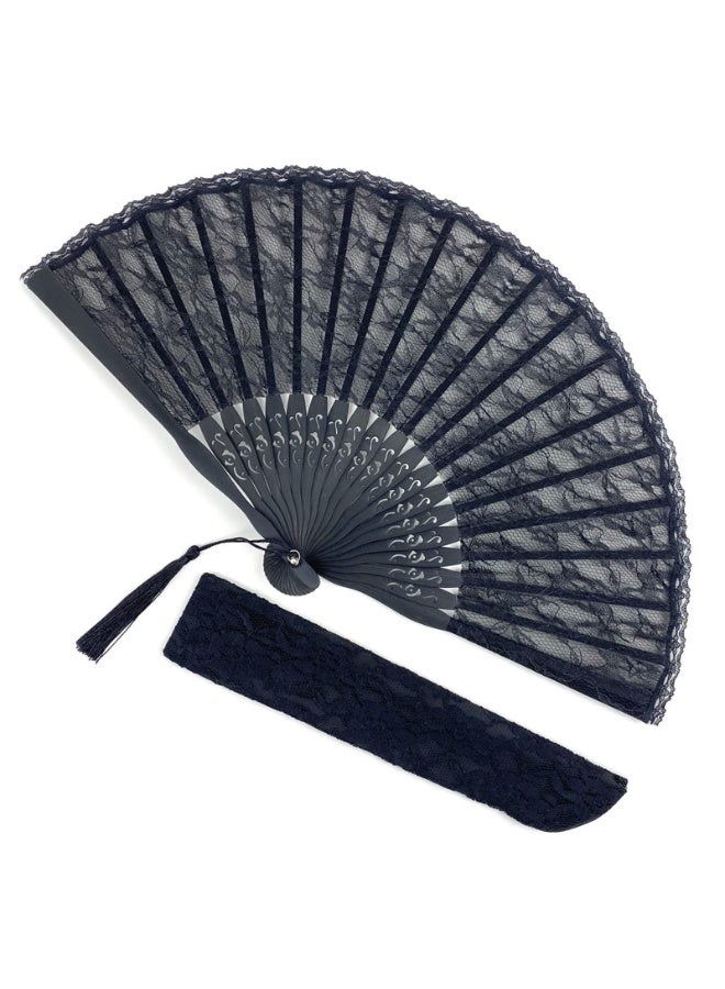 Black Lace Folding Hand Fan with Bamboo Frame, 40cm Wide, 22cm Closed, with Tassel and Protective Sleeve - Image 1