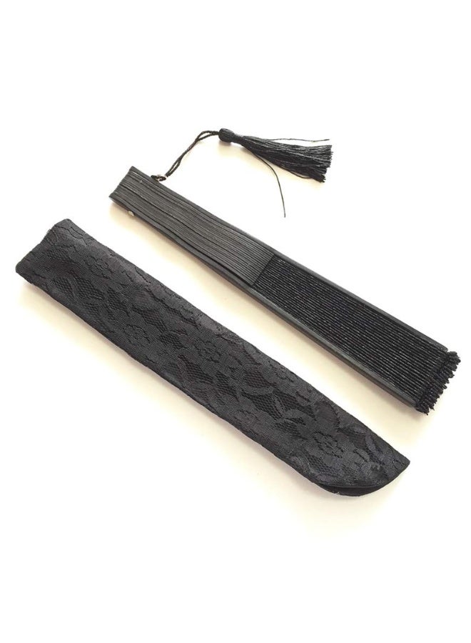 Black Lace Folding Hand Fan with Bamboo Frame, 40cm Wide, 22cm Closed, with Tassel and Protective Sleeve - Image 3