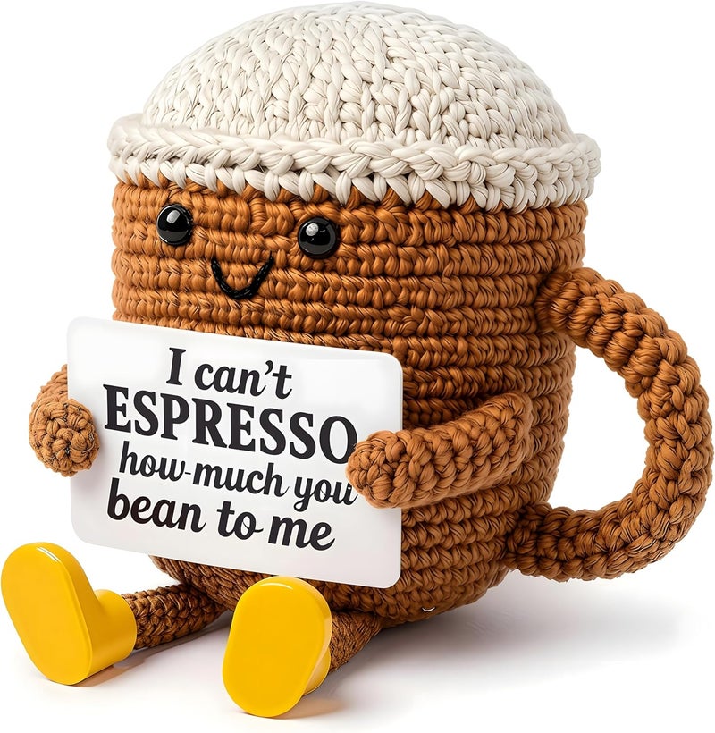 ESPETIO Birthday Gifts for Women,Cute Coffee Mug Desk Decor,Positive Espresso Emotional Crochet Handmade, Funny Happy Christmas Dolls for Women Men Girls Coffee Lover Gifts - Image 1