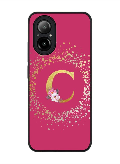 Rugged Black Edge Case for Realme C67 4G, Slim fit Case Cover- Custom Monogram Initial Letter Floral Pattern Alphabet - C (Deep Pink Rose)