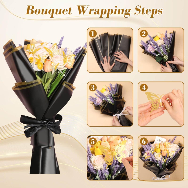 cridoz 20 Sheets Flower Bouquet Wrapping Paper with 12 Pieces Gold Butterfly Decorations for Flower Bouquets, Waterproof Floral Bouquet Wrapping Paper for Flower, Gift Wrapping(Black) - Image 5