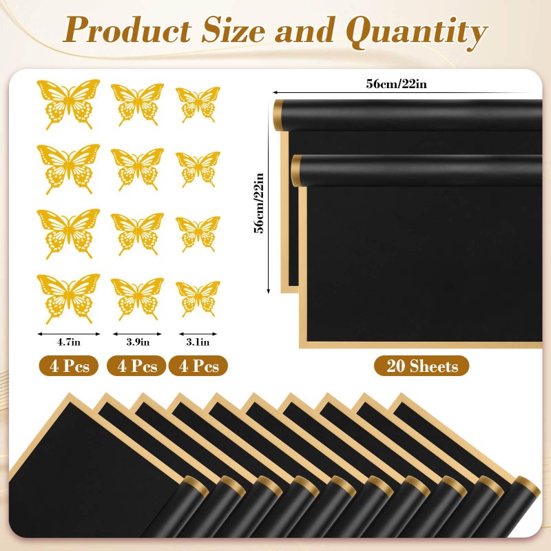 cridoz 20 Sheets Flower Bouquet Wrapping Paper with 12 Pieces Gold Butterfly Decorations for Flower Bouquets, Waterproof Floral Bouquet Wrapping Paper for Flower, Gift Wrapping(Black) - Image 2