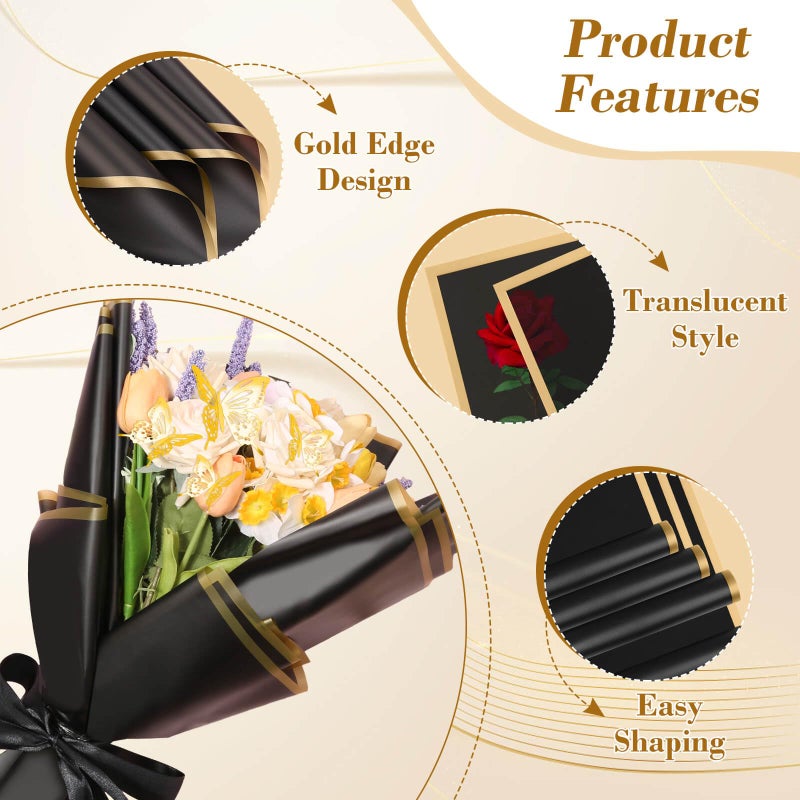 cridoz 20 Sheets Flower Bouquet Wrapping Paper with 12 Pieces Gold Butterfly Decorations for Flower Bouquets, Waterproof Floral Bouquet Wrapping Paper for Flower, Gift Wrapping(Black) - Image 3