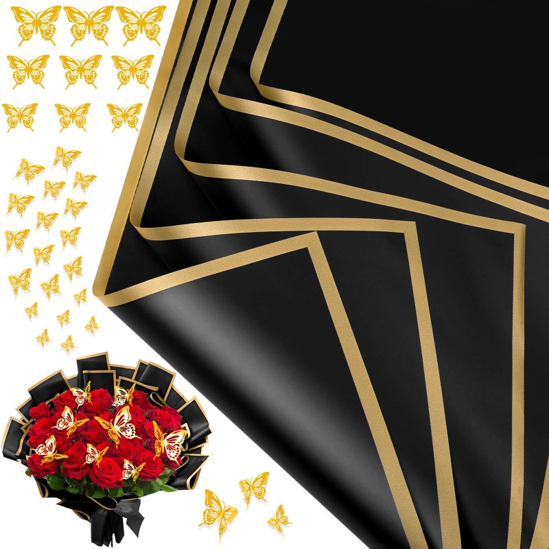 cridoz 20 Sheets Flower Bouquet Wrapping Paper with 12 Pieces Gold Butterfly Decorations for Flower Bouquets, Waterproof Floral Bouquet Wrapping Paper for Flower, Gift Wrapping(Black) - Image 1