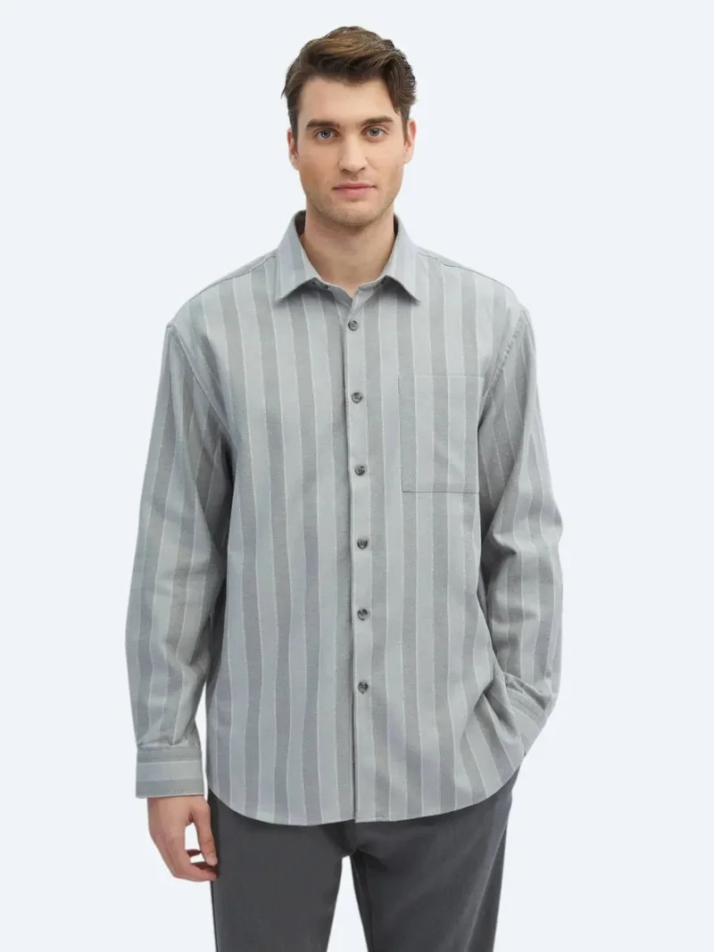 Kip Grey Striped Oversize Fit Weaving Casual Cotton Blended Shirt