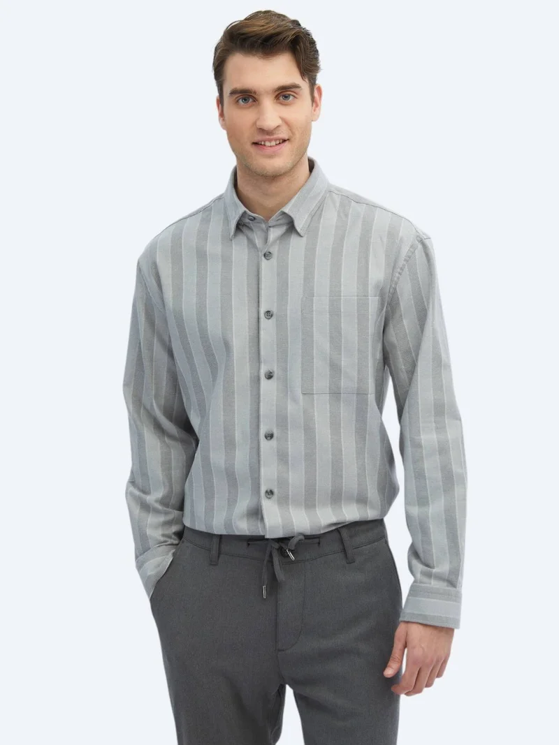 Kip Grey Striped Oversize Fit Weaving Casual Cotton Blended Shirt