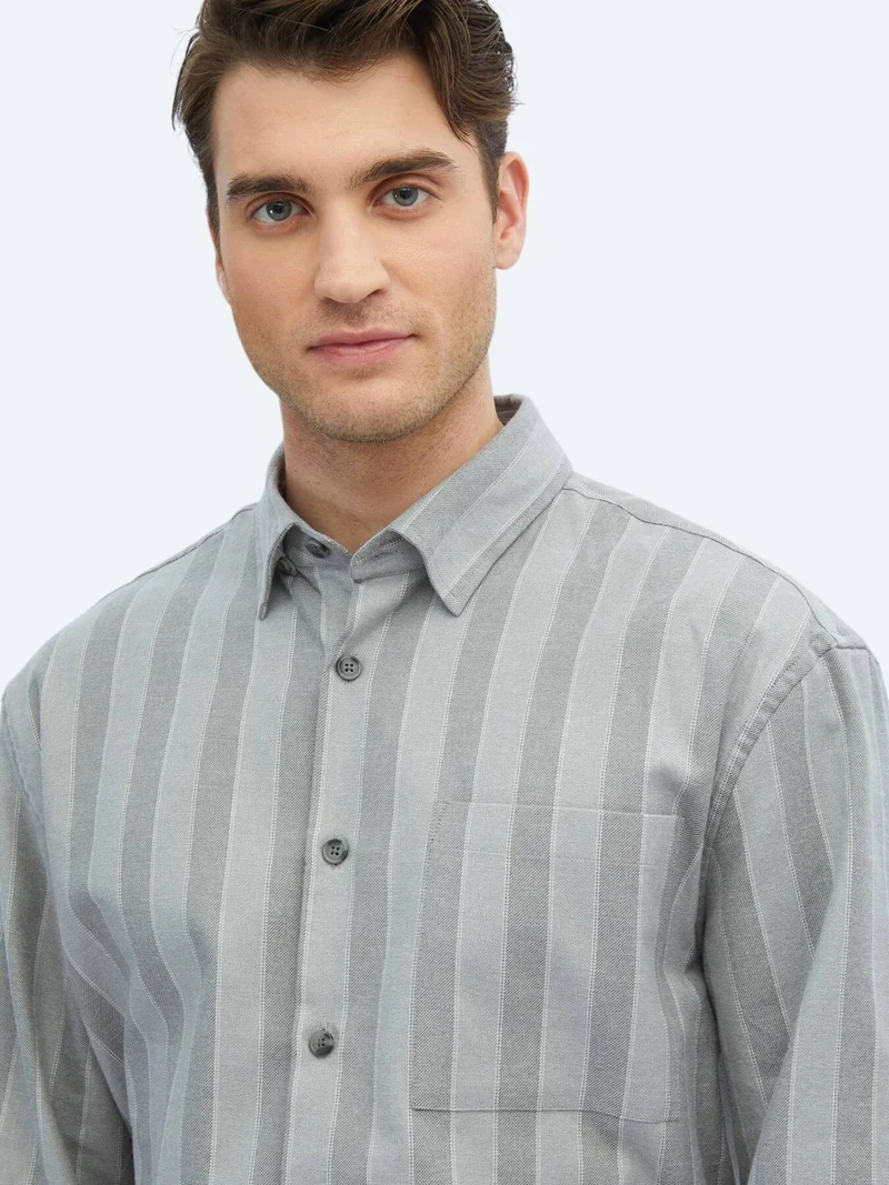 Kip Grey Striped Oversize Fit Weaving Casual Cotton Blended Shirt