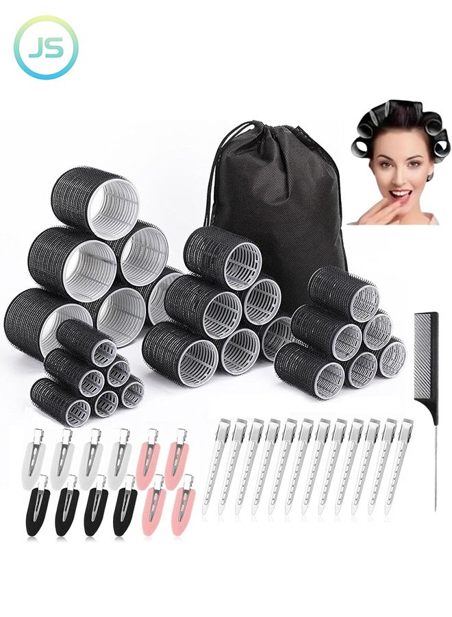 JS 50 Pcs Hair Curlers Set, 4 Different Sizes Self Grip Hair Curler Roller with 12 Pcs Hair Duckbill Clips and 12 Pcs Hair Clips with Comb and Storage Pouch for Salon - Image 1