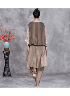 Madam Uniq Vintage Ethnic Patchwork Top with Silk Print and Irregular Hem, Waist-Cinching Unique Harem Pants Two-Piece Set  - Image 2