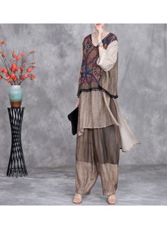 Madam Uniq Vintage Ethnic Patchwork Top with Silk Print and Irregular Hem, Waist-Cinching Unique Harem Pants Two-Piece Set  - Image 3