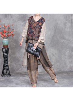 Madam Uniq Vintage Ethnic Patchwork Top with Silk Print and Irregular Hem, Waist-Cinching Unique Harem Pants Two-Piece Set  - Image 4