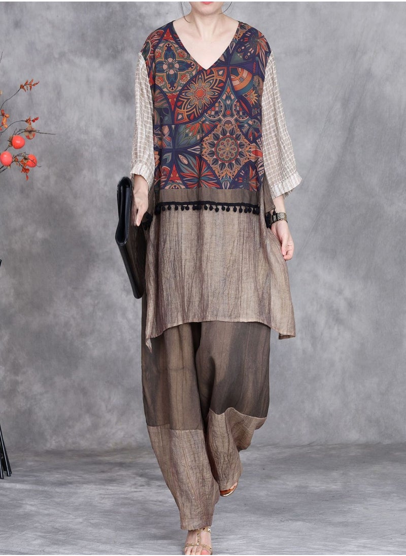 Madam Uniq - Vintage Ethnic Patchwork Top with Silk Print and Irregular Hem, Waist-Cinching Unique Harem Pants Two-Piece Set - Image 1