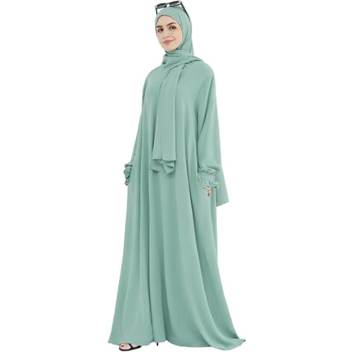 khalat Women Muslim Dress Middle East Arabian Robe Islamic Modest Dress with Hijab Scarf Lace Sleeve Flowy Abaya Dress Light Green - Image 1