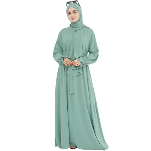 khalat Women Muslim Dress Middle East Arabian Robe Islamic Modest Dress with Hijab Scarf Lace Sleeve Flowy Abaya Dress Light Green - Image 2