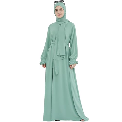 khalat Women Muslim Dress Middle East Arabian Robe Islamic Modest Dress with Hijab Scarf Lace Sleeve Flowy Abaya Dress Light Green - Image 5