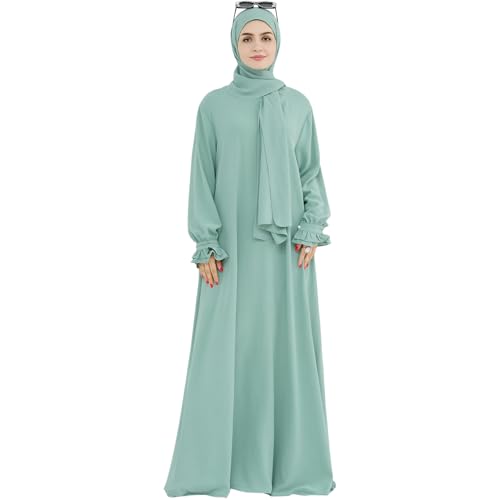 khalat Women Muslim Dress Middle East Arabian Robe Islamic Modest Dress with Hijab Scarf Lace Sleeve Flowy Abaya Dress Light Green - Image 4