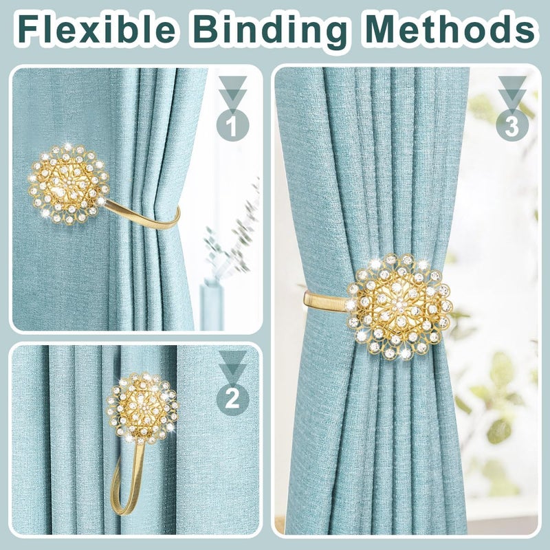 AULEEP Magnetic Curtain Tiebacks, 4 Pack Modern Metal Curtain Tie Backs, Indoor & Outdoor Use Decorative Drapes Clips Buckle with Crystal Flower Beads for Thin or Thick Curtains(Crystal Gold) - Image 3