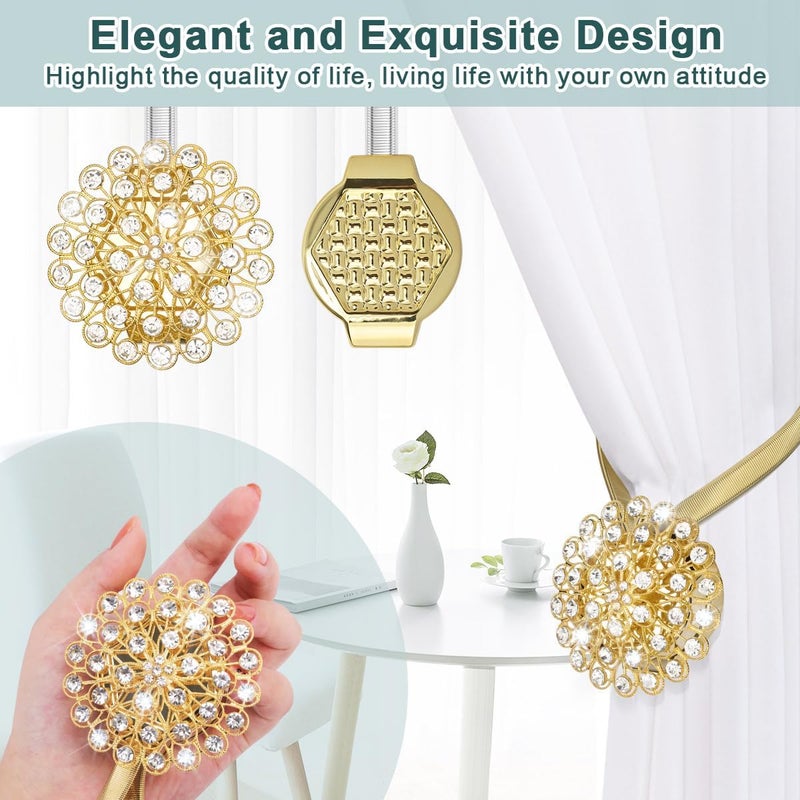 AULEEP Magnetic Curtain Tiebacks, 4 Pack Modern Metal Curtain Tie Backs, Indoor & Outdoor Use Decorative Drapes Clips Buckle with Crystal Flower Beads for Thin or Thick Curtains(Crystal Gold) - Image 5