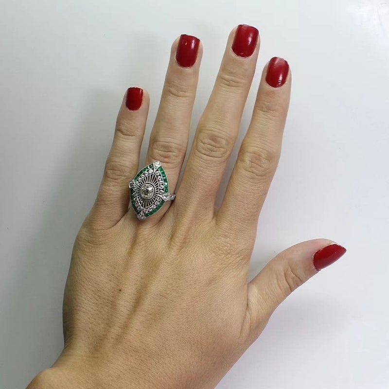 AZQ Vintage 925 Sterling Silver Emerald Ring Cocktail Rings Oval Cut Green Gem Cubic Zirconia Anniversary Promise Ring CZ Eternity Engagement Wedding Band Ring for Women TZ.83 (US Code 9) - Image 5
