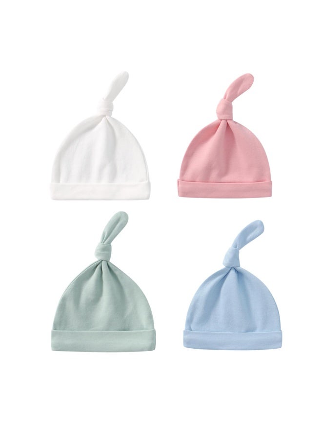 Baby Beanie Hats 4-Pack, Cotton Knotted Caps, 0-3 Months, White Pink Blue Mint - Image 1