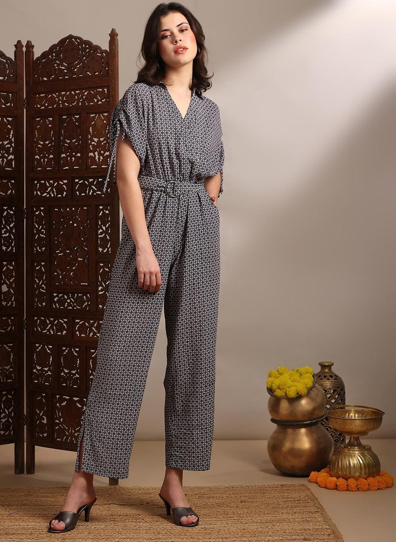 Globus Women Black Geometric Print Collared Neck Ruched Extended Sleeves Belted Long Line Jumpsuit - Image 1
