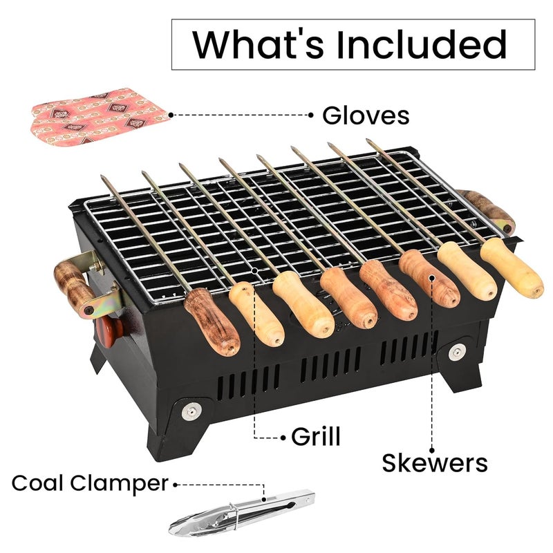 ORILEY شواية فحم محمولة | 4 مجموعة | 8 أسياخ | 1 ملقط | 1 قفاز | أدوات شواء قابلة للطي للمنزل والتخييم والنزهات والسفر والطهي (عبوة من 1، أسود) - Image 5