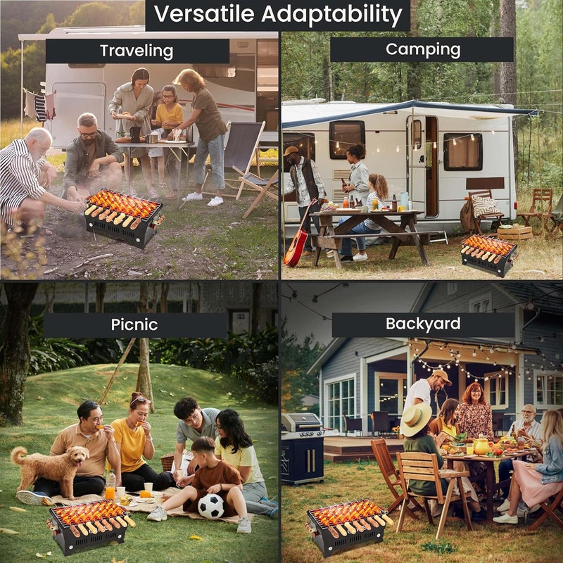 ORILEY شواية فحم محمولة | 4 مجموعة | 8 أسياخ | 1 ملقط | 1 قفاز | أدوات شواء قابلة للطي للمنزل والتخييم والنزهات والسفر والطهي (عبوة من 1، أسود) - Image 2