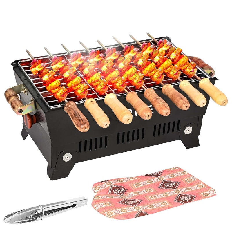 ORILEY شواية فحم محمولة | 4 مجموعة | 8 أسياخ | 1 ملقط | 1 قفاز | أدوات شواء قابلة للطي للمنزل والتخييم والنزهات والسفر والطهي (عبوة من 1، أسود) - Image 1