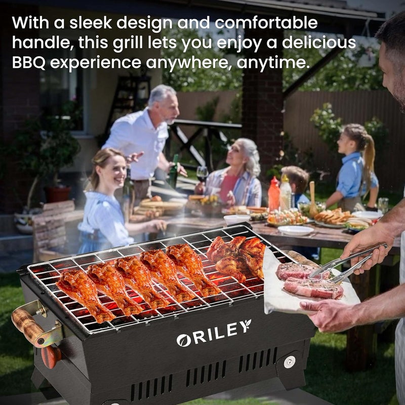 ORILEY شواية فحم محمولة | 4 مجموعة | 8 أسياخ | 1 ملقط | 1 قفاز | أدوات شواء قابلة للطي للمنزل والتخييم والنزهات والسفر والطهي (عبوة من 1، أسود) - Image 3