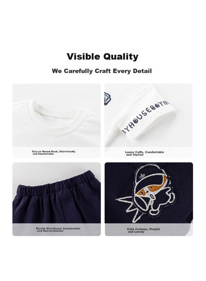 Nubiwu Boys' Summer Thin Set, Round Neck Pullover Two-piece Outfit, Cartoon Print Short-sleeve Top With Knee-length Shorts For Boys