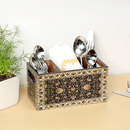DULI engineered wood Multipurpose Stand, Cutlery Holder, Spoon Stand, Table Organizer with 3 Sections, Chammach Stand (21cm x 10cm) , Utensils, Multicolor - Image 1