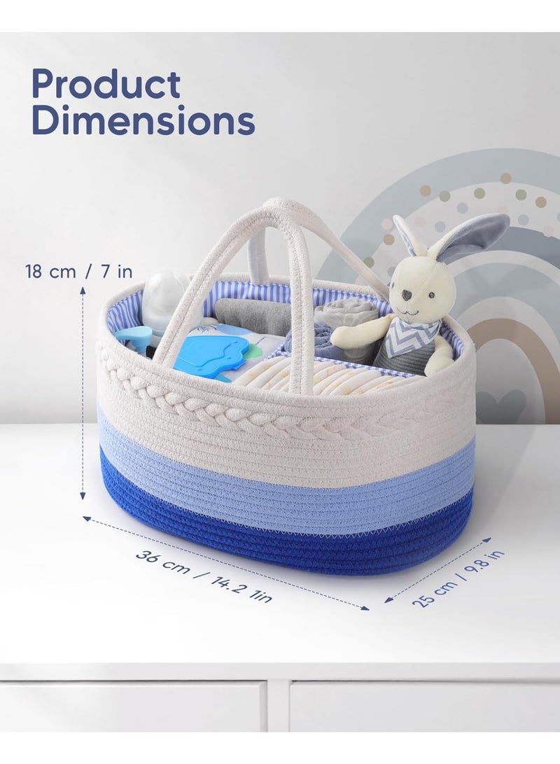 Maliton Maliton Baby Diaper Caddy Organizer, Cotton Rope Diaper Caddy Basket, Large Storage Basket for Newborn Boys and Girls, Gift for Baby Shower List, Newborn Essentials White and Blue  - Image 1