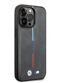 BMW iPhone 14 Plus Case M Collection MagSafe Quilted Pu Back Cover with Hot Stamped Tricolor Stripe & Printed - Grey  - Image 5