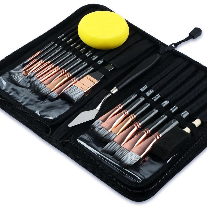 Transon Art Paint Brush Kit 16 Paint Brushes with Foam Brush Sponge Spatula and Art Case for Oil Acrylic Watercolor Gouache Painting Black Color
