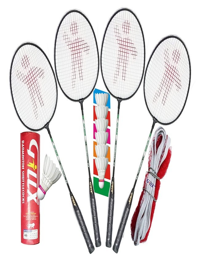 GILLX Badminton Rackets 4 Piece 6 Piece Feather Shuttle with Badminton NET Two Side Covered Patti Up & Down - Image 1