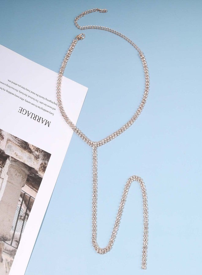 Yheakne Boho Rhinestone Crystal Y Necklace Tennis Chain Y Lariat Necklace Long Gold CZ Drop Chain Necklace Sparkle Party Nightclub Necklace Chain Jewelry for Women (Gold) - Image 3