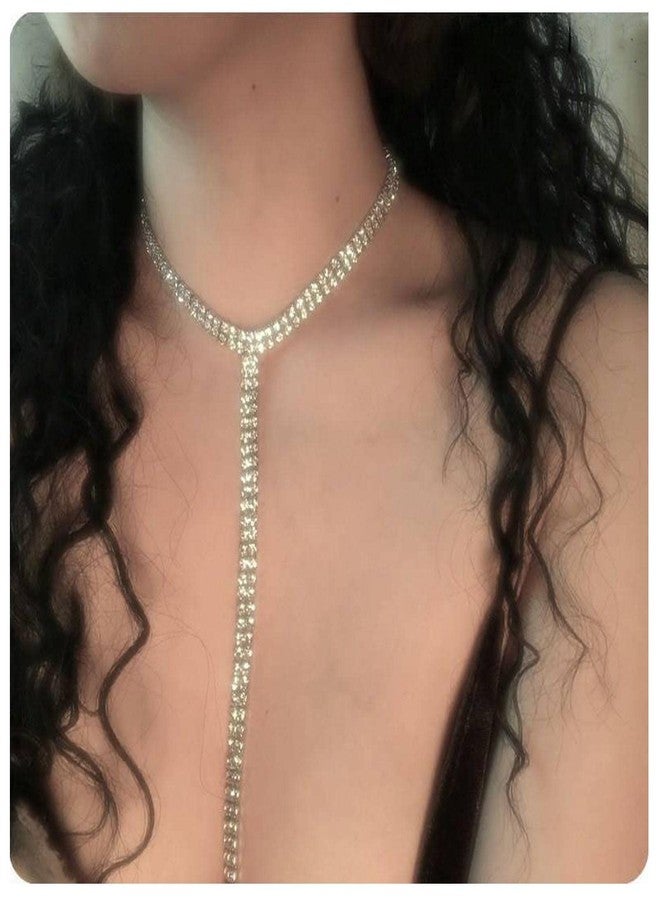 Yheakne Boho Rhinestone Crystal Y Necklace Tennis Chain Y Lariat Necklace Long Gold CZ Drop Chain Necklace Sparkle Party Nightclub Necklace Chain Jewelry for Women (Gold) - Image 2